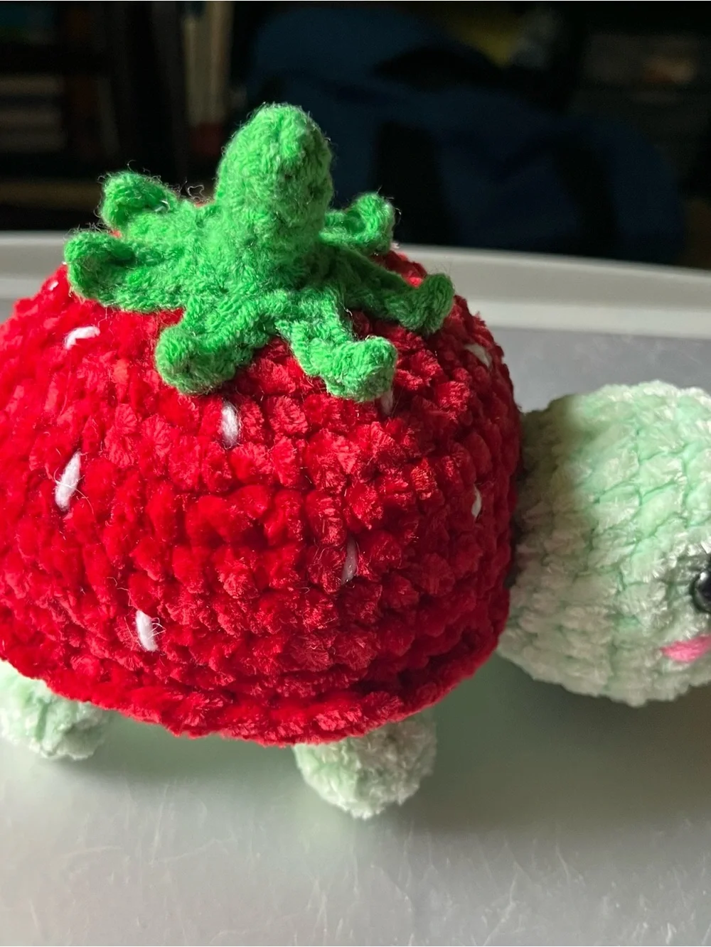 Plush Strawberry Turtle Soft Toy - Red & Mint 6.5” Chinelle yarn